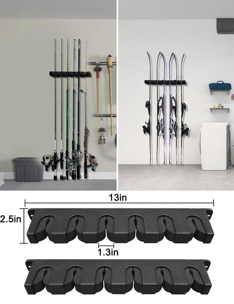 Magnetic Fishing Rod Holder Set For Garage And Truck Surfaces Portable Dual Pack With rods and snowboards installed vertically, close-up of slots.