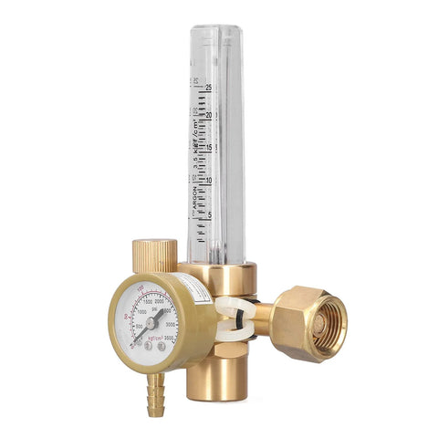 Brass CO2 welding gas regulator with flowmeter for MIG welding, 0–25 LPM output, 0–3500 psi, 5/8 in x 18 male connector