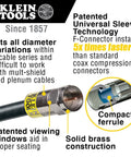 Coax Installation Kit With Crimp Tool, Cable Cutter, Stripper And F Connectors showing universal sleeve technology.