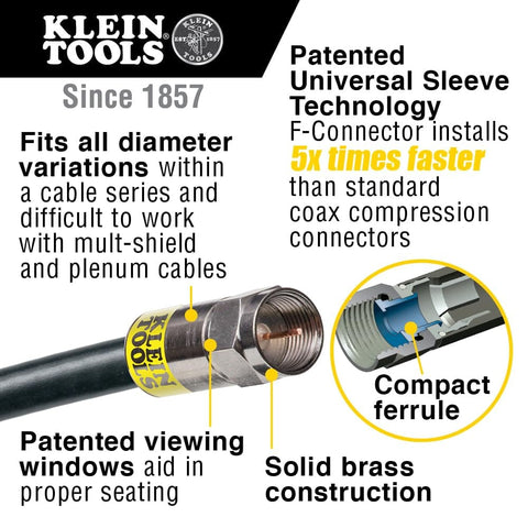 Coax Installation Kit With Crimp Tool, Cable Cutter, Stripper And F Connectors showing universal sleeve technology.