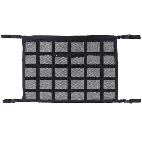 Solid Rig Overhead Cargo Net For Tesla Cybertruck Adjustable Nylon Webbing Straps, black netting with straps for gear storage.