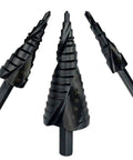 Heavy Duty 3 Piece Coated Cone Spiral Step Drill Bit Set With Triangle Shank For Metal Drilling And Hole Sawing Kits Ranging From 4 To 32 Mm Perfect Pro Grade Power Tools, three black coated step drill bits