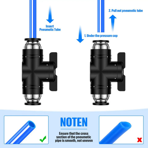 Illustration showing Five Pack Go To One Half Inch OD Push To Connect Pneumatic Ball Valves With Quick Connect Air Fittings for setup.