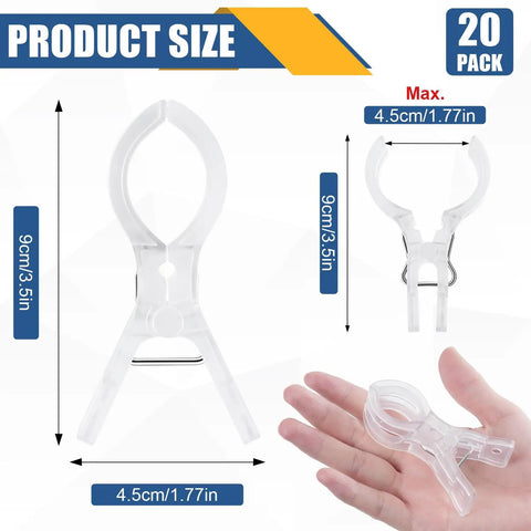 20 Pack Large Balloon Arch Clips 3.5 Inch Plastic Backdrop Spring Clamps shown in hand and dimensions highlighted