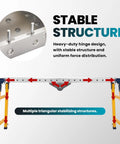 Stable design of Shop Grade Welding Table With 5 Level Adjustable Height And 1100 Lb Capacity Carbon Steel Work Bench showing heavy-duty hinge and stabilizing structures.
