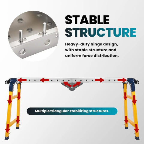 Stable design of Shop Grade Welding Table With 5 Level Adjustable Height And 1100 Lb Capacity Carbon Steel Work Bench showing heavy-duty hinge and stabilizing structures.