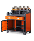 Heavy Duty Steel Workbench Garage Tool Organizer Cabinet With Pegboard And Hanging Parts Bins For Workshop Storage Includes Two Lockable Drawers, showcasing two drawers, shelves, and tool storage.