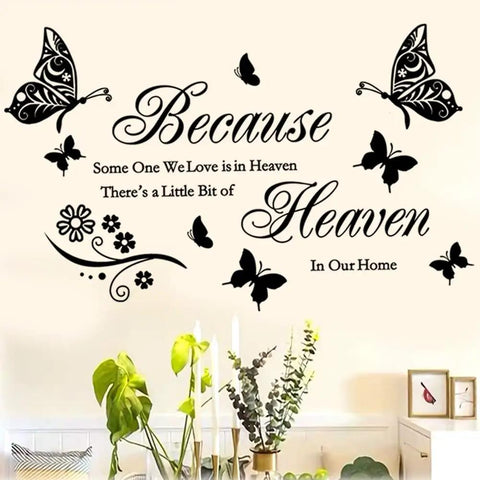 Heavenly Love Quotes Wall Decals Set Peel And Stick Vinyl Memorial Wall Art with butterflies and quote on beige wall