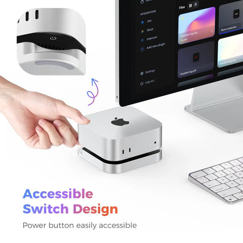 Plug And Play 40Gbps M2 NVMe SSD Enclosure For Mac Mini M4 And Pro With Ice Cold Active Cooling and accessible power switch design.
