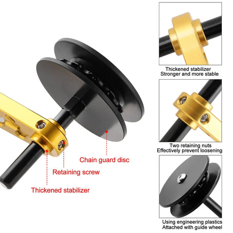 Upgrade Your Ride With This Tough Aluminum And Steel Single Speed Conversion Kit Chain Tensioner Guide For Easy Bicycles Adjuster Setup That Prevents Derailments And Keeps You Cruising Smooth On Every Dirt Track Or City Street Without Breaking A. Black and gold chain tensioner guide with stabilizer and retaining nuts for single-speed bike setup