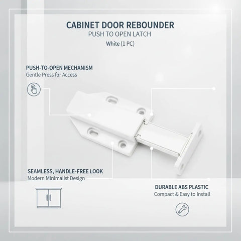 Handle-Free Cabinet Door With Push To Open Rebounder Latch, Durable ABS Plastic Catch In White, showcasing latch design details