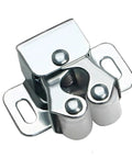 Super Cool 10 Piece Cabinet Latch Catches For Sliding Closet Door Stops With Easy Spring Lock And Adjustable Fit. Silver latch close-up.