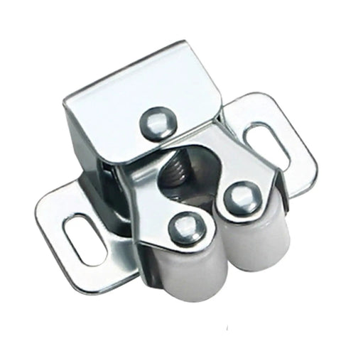 Super Cool 10 Piece Cabinet Latch Catches For Sliding Closet Door Stops With Easy Spring Lock And Adjustable Fit. Silver latch close-up.