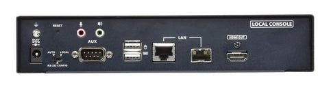 Back panel of Slick 4K HDMI KVM IP Extender Transmitter with ports for LAN, HDMI, USB, and audio connections.