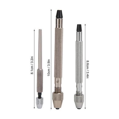 Slick 3-Pc Pin Vise Hand Drill Set for Watch Repair, featuring two sizes, metal needles and rolling handles for precision work.