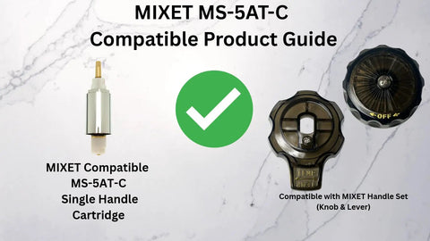Faucet Handle Replacement Kit For MXT111 With Grey Smoked Acrylic Finish Includes Temperature Control Lever And Volume Control Knob No Fuss Durable Replacement For Precise Flow And Easy Dial Adjustments shown with MIXET components on marble background.
