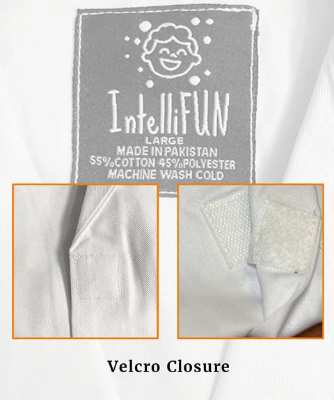 Kids Lab Coat Dress Up Set label showing 55% cotton, 45% polyester, with Velcro closure details for easy wear.
