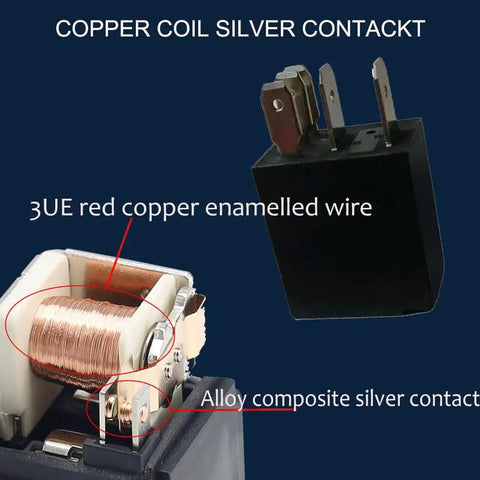 Close-up of 12V 30A 5 Pin SPST Automotive Relay with copper coil and silver contact for electrical systems, highlighting 3UE copper wire.
