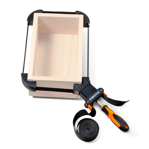 Strap Clamps For Woodworking With Quick Release Levers And An Ergonomic Handle, Pro Style Adjustable Band Clamp For Square Or Irregular Pieces, 13 Ft Strap Belt Clamp For Cabinets, Drawers, Picture Frames And More shown clamping a wooden box