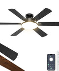 Smooth As Butter 52 Inch Ceiling Fan With Slick App And Remote Controls Featuring Whisper Quiet Motor Six Sleek Blades Dimmable Led Glow For Chill Living Room Setups, black blades, integrated LED light, remote controls.