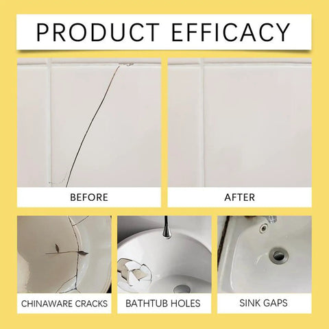 Product efficacy with All In One Tile Crack Repair Kit showing before-after of tile cracks, china ware chips, bathtub holes, sink gaps.