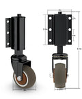 Gate Wheel 2 Inch For Wooden Gate With 80 Lbs Capacity And 360 Degree Rotation Spring Loaded Absorbing TPR Tire Durable Steel Construction Double Ball Bearings Includes Screws And Screwdriver, front and side view with dimensions