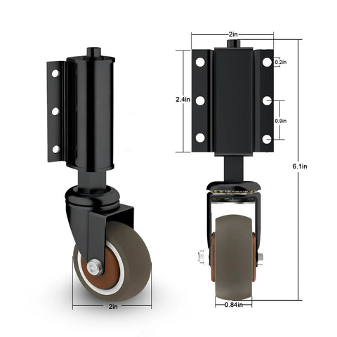 Gate Wheel 2 Inch For Wooden Gate With 80 Lbs Capacity And 360 Degree Rotation Spring Loaded Absorbing TPR Tire Durable Steel Construction Double Ball Bearings Includes Screws And Screwdriver, front and side view with dimensions