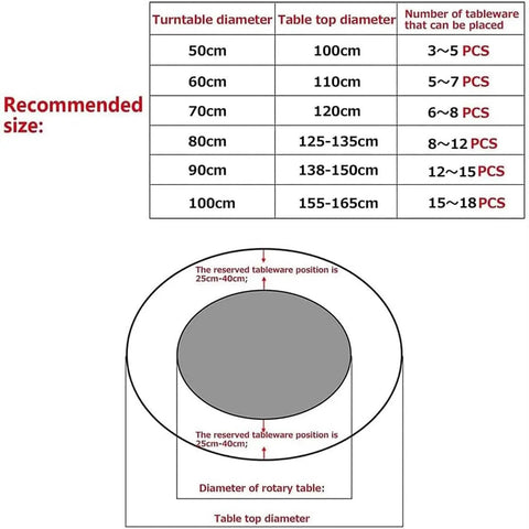 Size chart for Solid Wood Round Dining Table Turntable Lazy Susan Featuring Dope 360 Degree Spin, Large Serving Tray, 110cm Diameter.