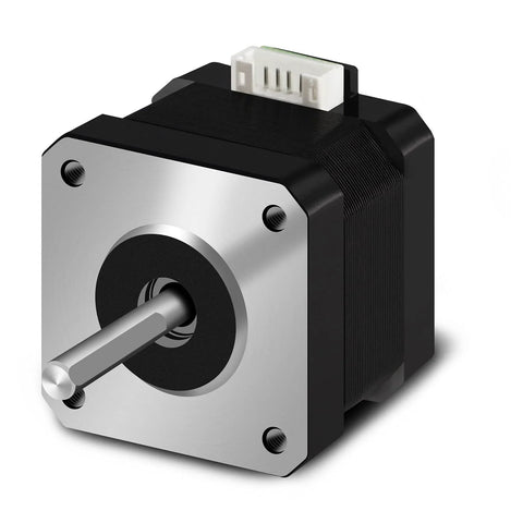 Nema 17 stepper motor with silver front plate, black body, protruding shaft, and top 4-pin connector.