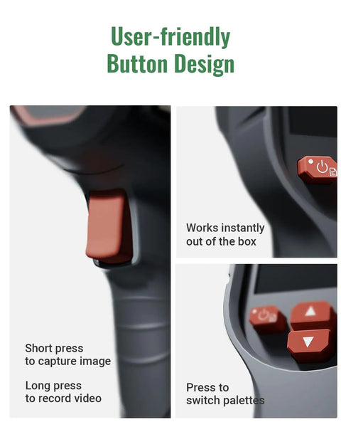Close-up of button design on thermal imaging camera with laser pointer and IntellFault Scene Detection for fast water leak scans.