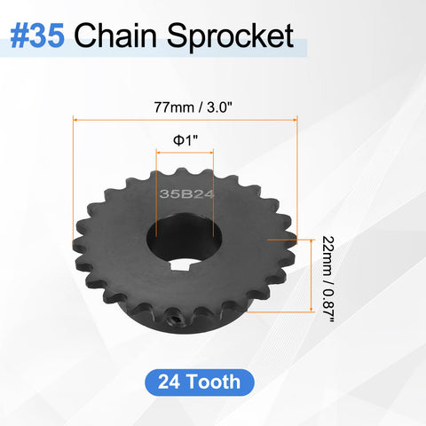 24 Tooth ANSI 35 Roller Chain Sprocket With 1 Inch Bore For ISO 06C Chain C45 Carbon Steel With Black Oxide Finish Built Tough And Rust Resistant With Set Screws Included