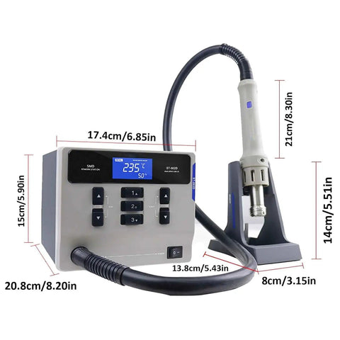 1000W Digital Display Hot Air Rework Station With Beefy Anti Static Control and Quick Access Keys for PCB Repairs, front view