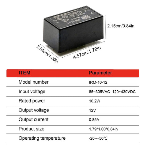 Bulletproof 12V AC DC Power Supply Module 10 Watt With Full Safety Shield, measures 4.57x2.54x2.15cm, for embedded systems.