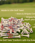 Plastic Golf Tees Value Pack Of Fifty With Forty Tees In Three And A Quarter Inch Length And Ten Short Tees In One And A Half Inch For Irons Hybrids And Par Threes Stars And Stripes USA Flag Design Made In The USA shown on a grassy golf course