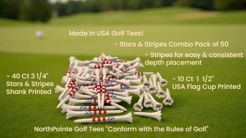 Plastic Golf Tees Value Pack Of Fifty With Forty Tees In Three And A Quarter Inch Length And Ten Short Tees In One And A Half Inch For Irons Hybrids And Par Threes Stars And Stripes USA Flag Design Made In The USA shown on a grassy golf course