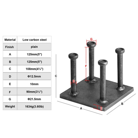 Concrete Embeds Plate Pack Of Two Five By Five Inch Three Eighth Inch Thick Steel Weld On Square Base Anchor Plate With Four One Half Inch Diameter Three And A Half Inch Long Studs Low Carbon Steel Plain Finish For Concrete Anchoring, showing dimensions and material.