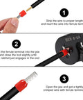 200PCS Ferrule Crimping Tool Kit With Insulated Copper Wire Terminals And Connectors 0.5 To 10 mm2 22 To 7 AWG Pro Grade Easy Crimp With Nylon Sleeves For Maximum Conductivity And Tough, Corrosion Resistant Performance. crimping wire ferrule steps with tool and finished terminal