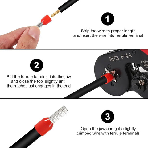 200PCS Ferrule Crimping Tool Kit With Insulated Copper Wire Terminals And Connectors 0.5 To 10 mm2 22 To 7 AWG Pro Grade Easy Crimp With Nylon Sleeves For Maximum Conductivity And Tough, Corrosion Resistant Performance. crimping wire ferrule steps with tool and finished terminal