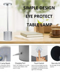 Cordless LED Table Lamp With Rechargeable 6000mAh Battery And Two Level Brightness Go To Modern Silver Finish For Hotels Restaurants Dining Rooms Desk And More, shown with features including touch switch and charging port.