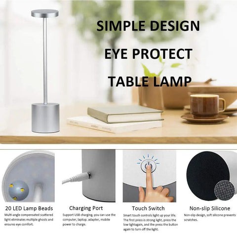 Cordless LED Table Lamp With Rechargeable 6000mAh Battery And Two Level Brightness Go To Modern Silver Finish For Hotels Restaurants Dining Rooms Desk And More, shown with features including touch switch and charging port.