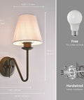 YS.ESUDSI Vintage Wall Sconces with White Handmade DIY Fabric Shade E26, bronze metal base, dimensions shown, ideal indoor use.