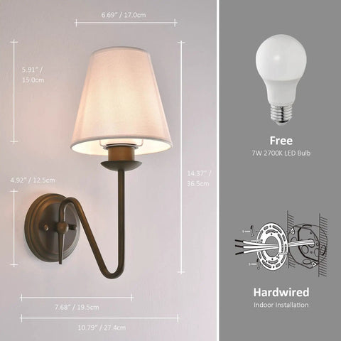 YS.ESUDSI Vintage Wall Sconces with White Handmade DIY Fabric Shade E26, bronze metal base, dimensions shown, ideal indoor use.