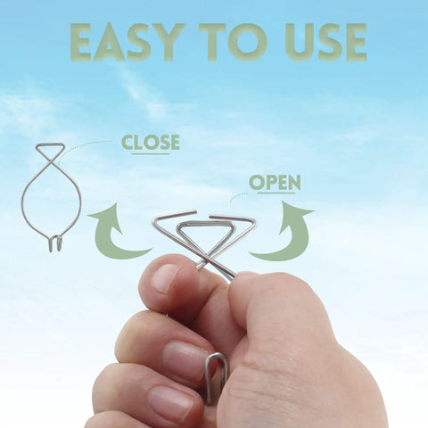 Easy to use Sixty Piece Top Notch Drop Ceiling Hook Clip Set Crafted From Dang Sturdy Spring Steel with hand showing opening mechanism.