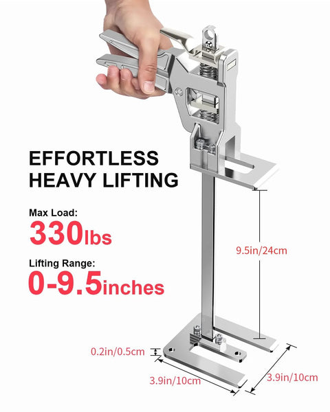 Two Pack Labor Saving Arm Jacks For Lifting Furniture With 330 Lbs Capacity; hand using metal jack lifting 9.5 inches