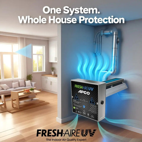 Carbon Cell Matrix HVAC UV Air Purifier installed in a home duct system, showing airflow for whole house clean air