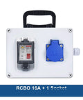 Wall-mounted outdoor power box with blue 16A socket and RCBO switch, IP54 waterproof front view