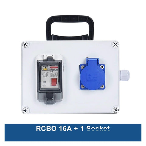Wall-mounted outdoor power box with blue 16A socket and RCBO switch, IP54 waterproof front view