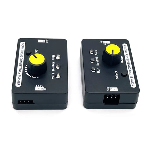 Pair of black RC servo tester units with yellow adjustment knobs for ESC/motor testing in RC airplanes