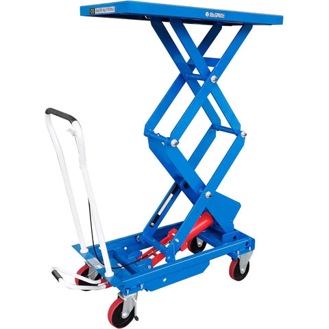 Mobile Double Scissor Lift Table With 39 By 20 Platform And 1100 Lbs Capacity featuring a blue hydraulic lift design with handle.
