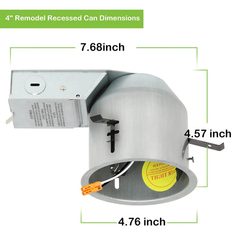 4 Inch Recessed Lighting Remodel Housing Kit With Airtight IC Can And TP24 Connector for LED Downlight retrofit, dimensions shown